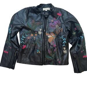 Hannah Banana Vegan Leather Embroidered Moto Jacket sz 7